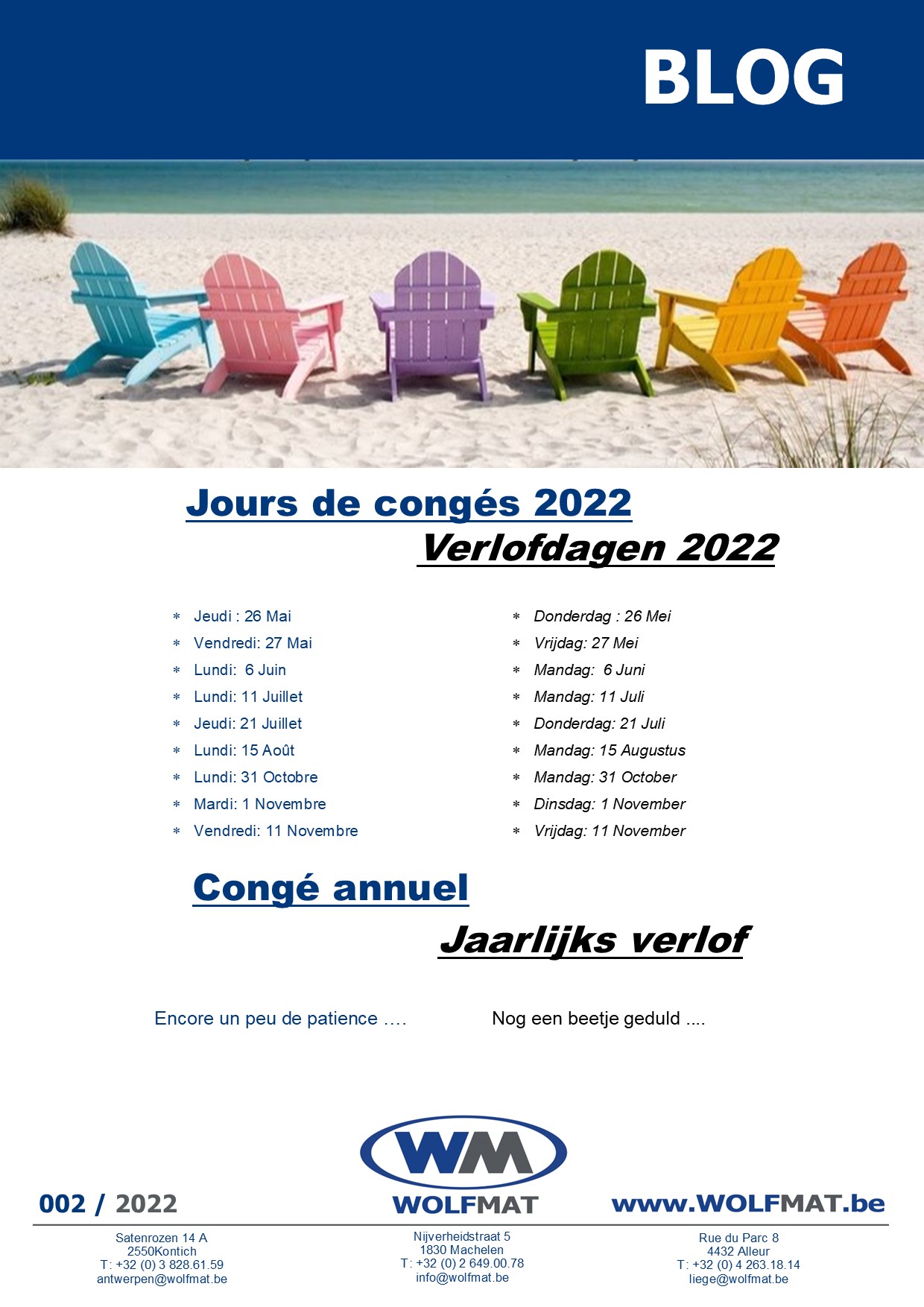 Jours de congés 2022 - Verlofdagen 2022